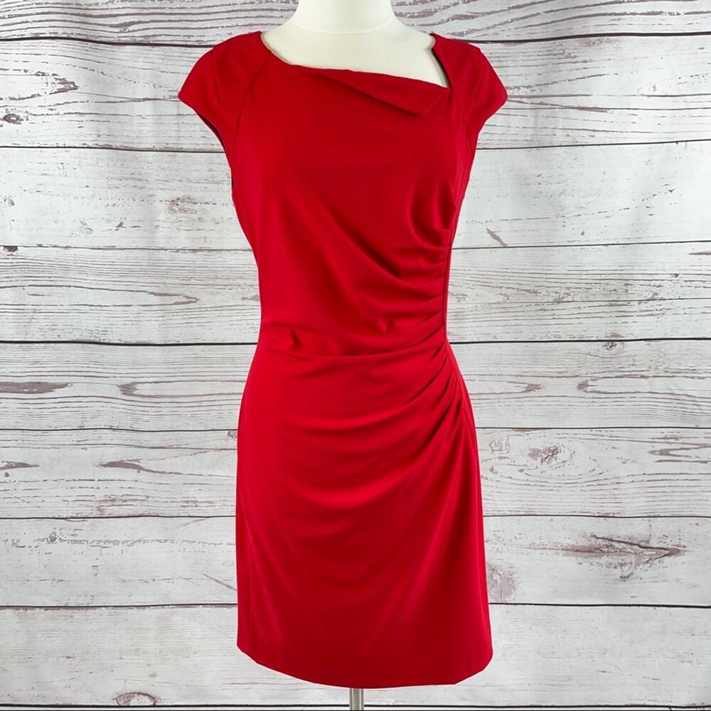 Calvin Klein red asymmetrical neckline sheath dress